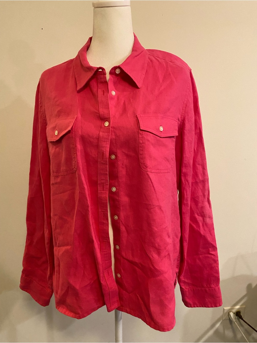 Talbots Hot Pink Linen Button-Front Shirt with Roll Up Long Sleeves size L